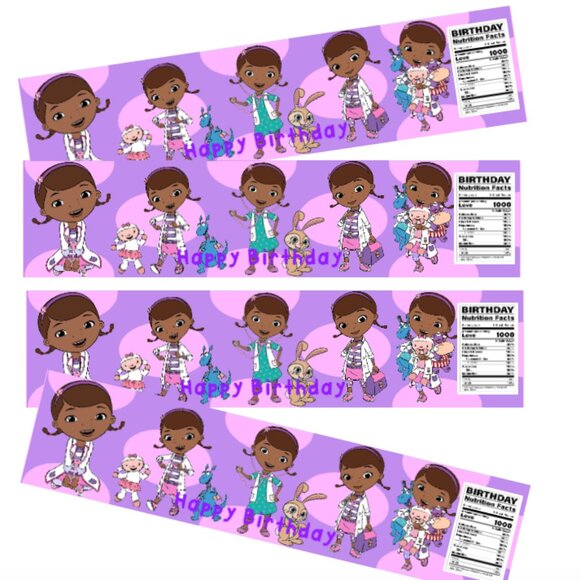 Birthday Party Water Bottle Labels, Purple Cartoon Design, 8.5 x 2 inches - Picture 4 of 5